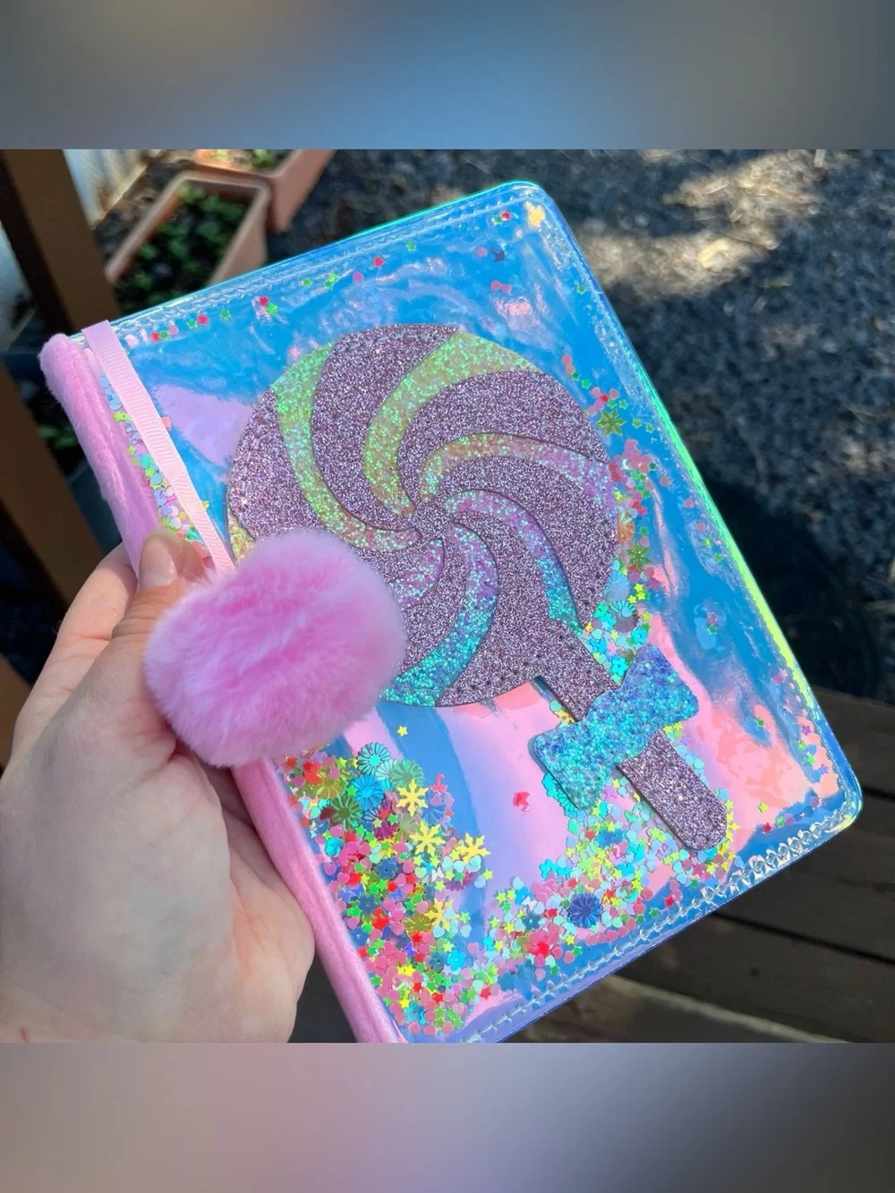 Holographic Kawaii Pink Blue Lollipop with Bow Glitter Notebook